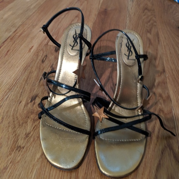 Yves Saint Laurent | Shoes | Ysl Strappy Black And Gold Sandals With Stars | Poshmark